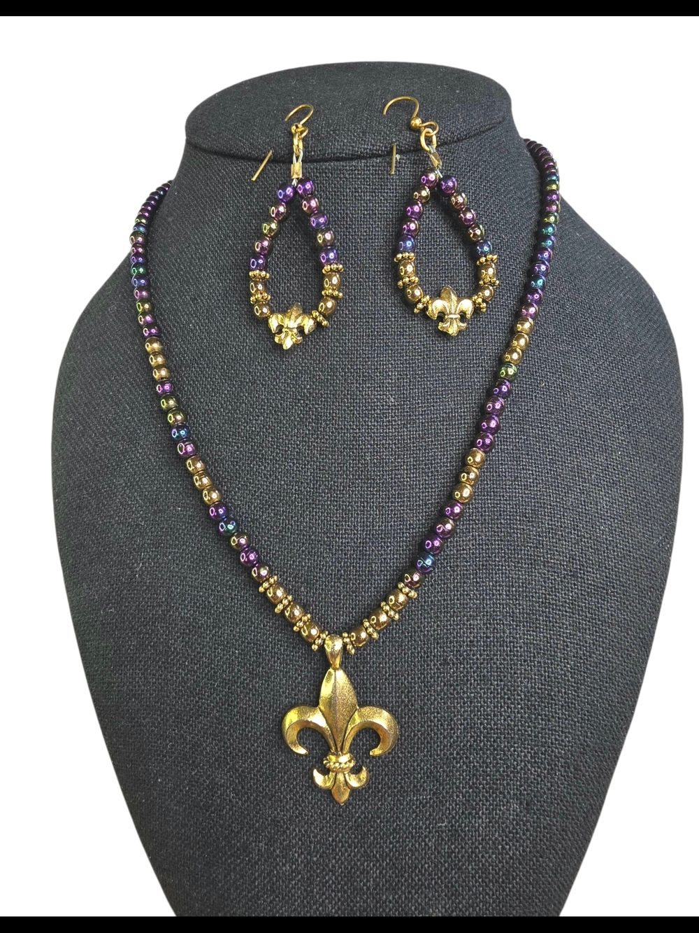 Fleur-de-Lis Beaded Necklace & Earring Set - Purple/Gold